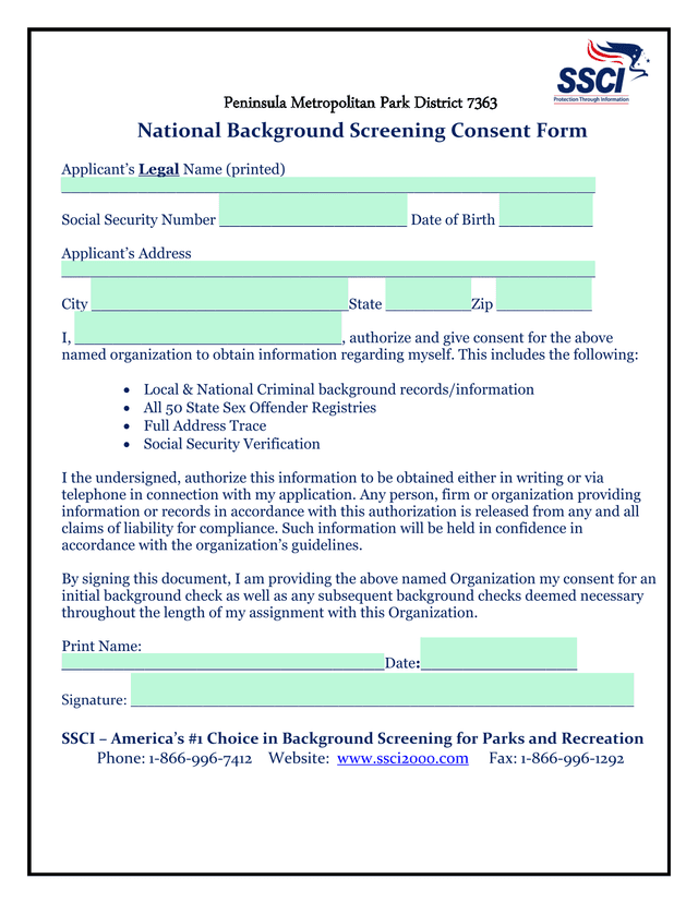 National Background Screening Consent Form screenshot