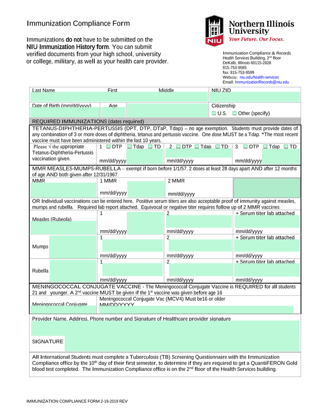 Immunization Compliance Form screenshot