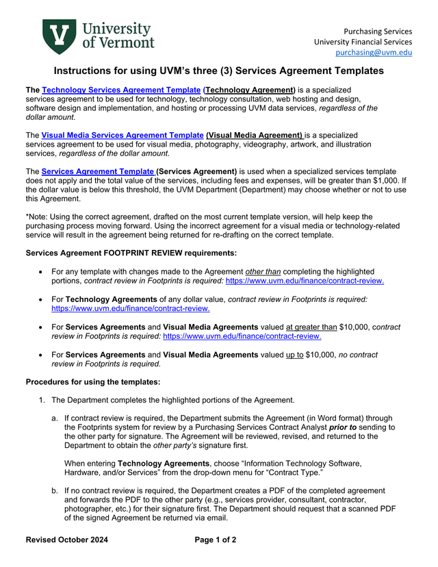 Instructions For Using UVMS Three (3) Services Agreement Templates screenshot
