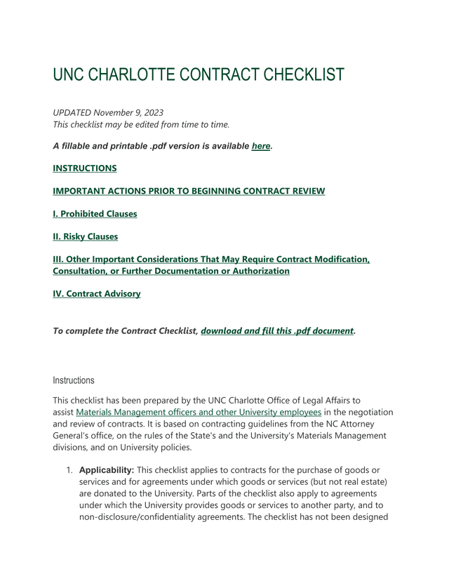 UNC CHARLOTTE CONTRACT CHECKLIST screenshot