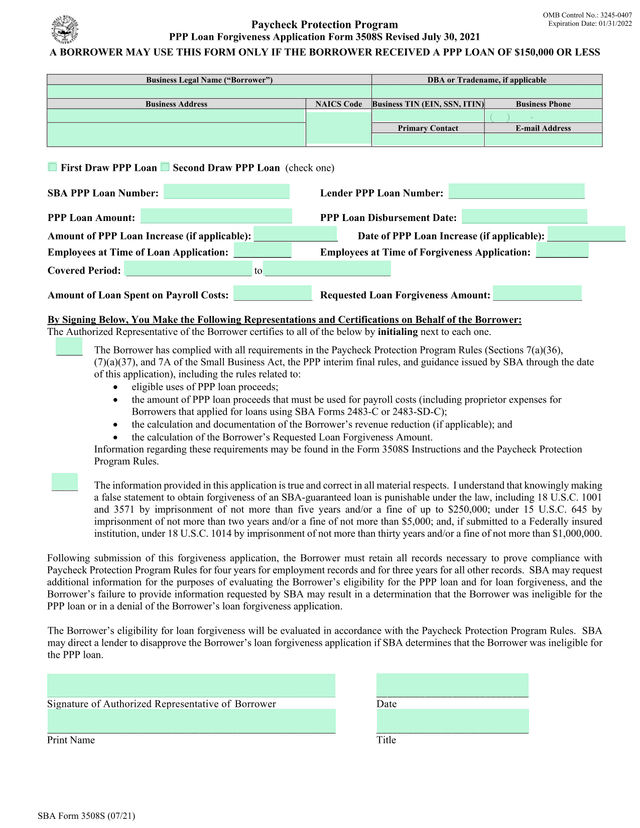PPP Loan Forgiveness Application Form 3508S screenshot