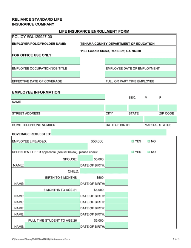 Life Insurance Enrollment Form screenshot