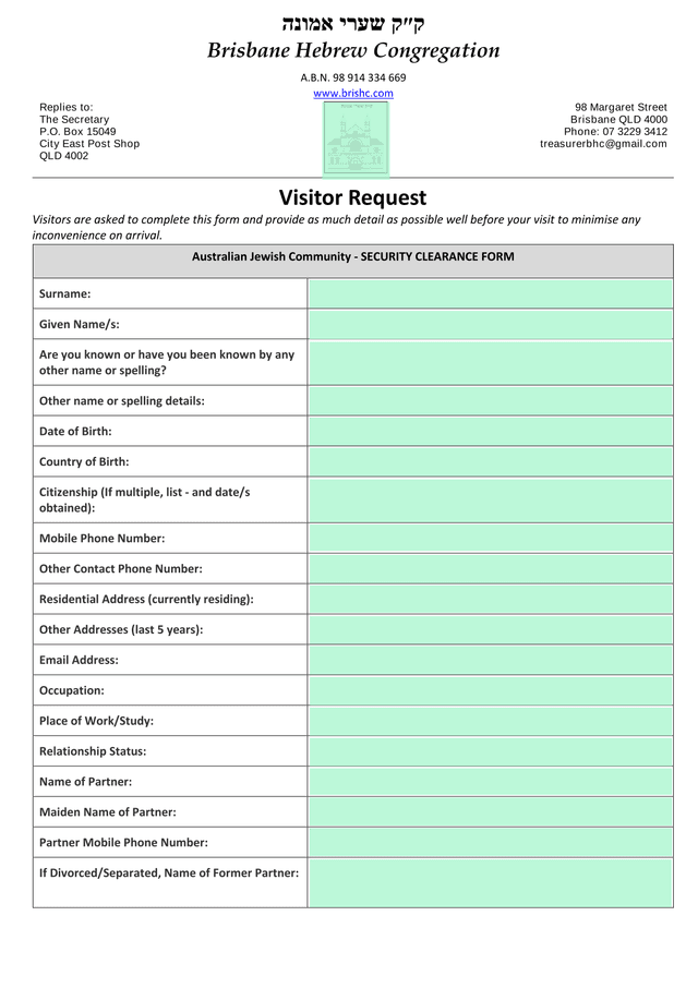 Australian Jewish Community   SECURITY CLEARANCE FORM screenshot
