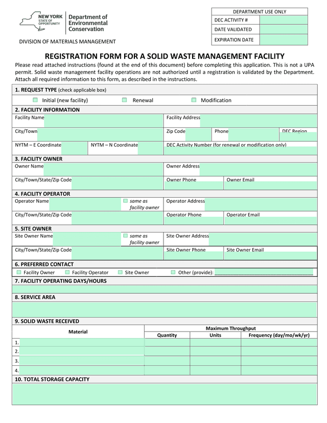 REGISTRATION FORM FOR A SOLID WASTE MANAGEMENT FACILITY screenshot