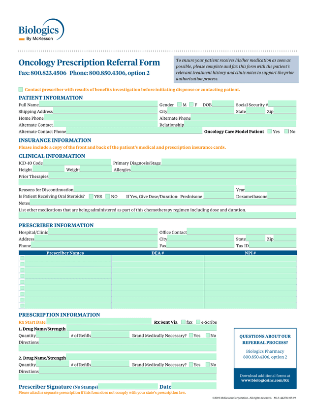 Oncology Prescription Referral Form screenshot