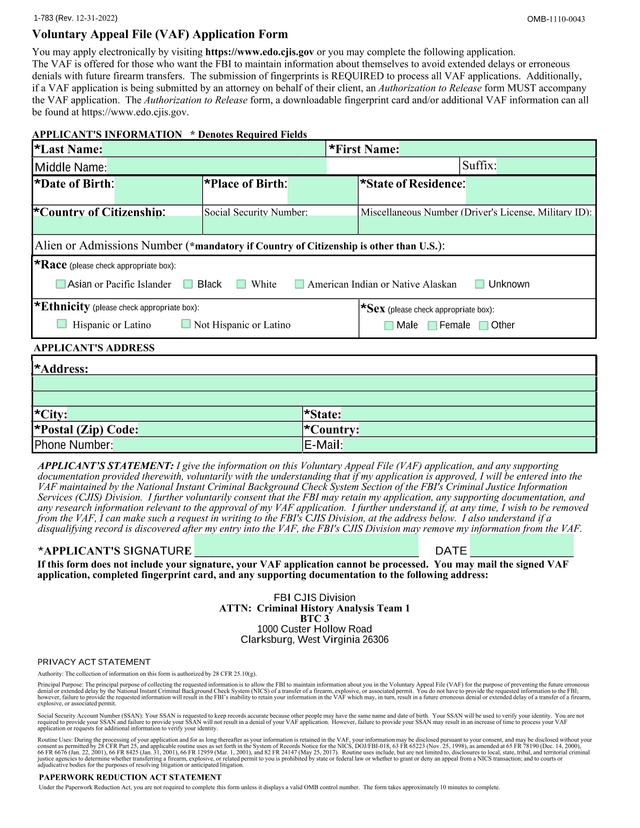 Voluntary Appeal File (VAF) Application screenshot