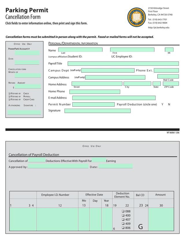 Parking Permit Cancellation Form screenshot