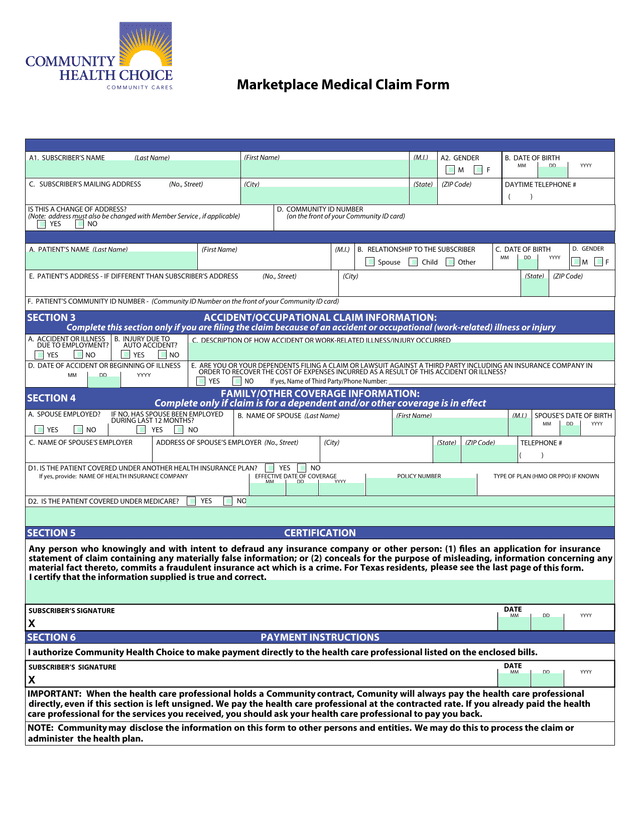 Marketplace Medical Claim Form screenshot