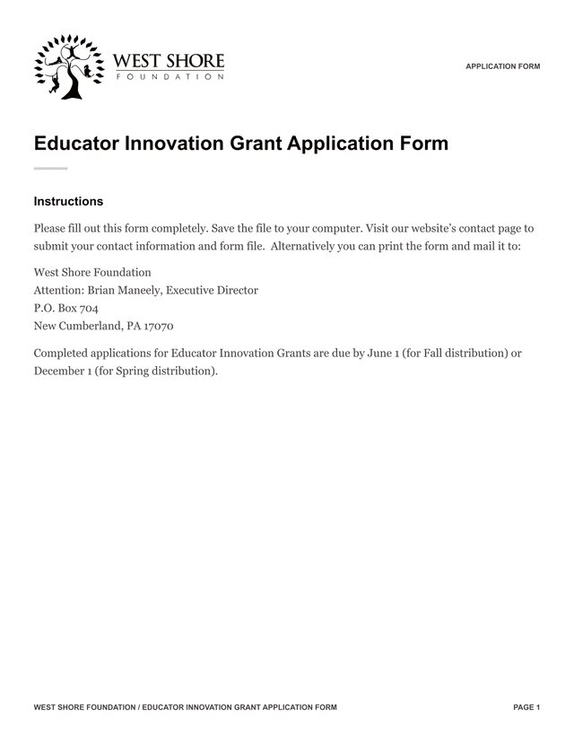 Educator Innovation Grant Application Form screenshot