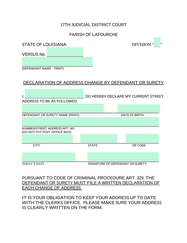 Declaration Of Address Change By Defendant Or Surety screenshot