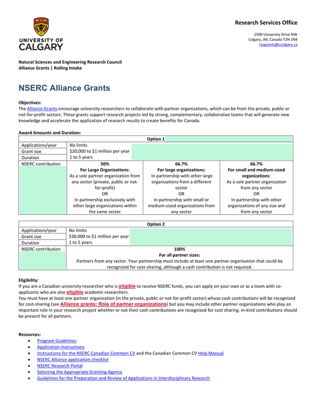 NSERC Alliance Grants screenshot