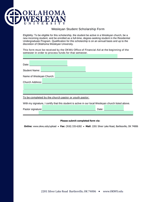 Wesleyan Student Scholarship Form screenshot