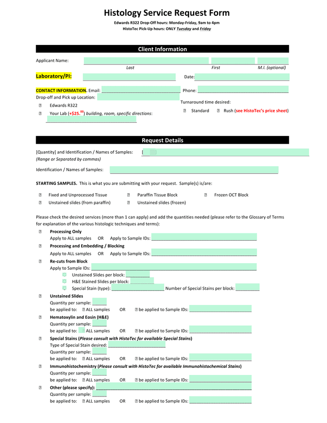 Histology Service Request Form screenshot