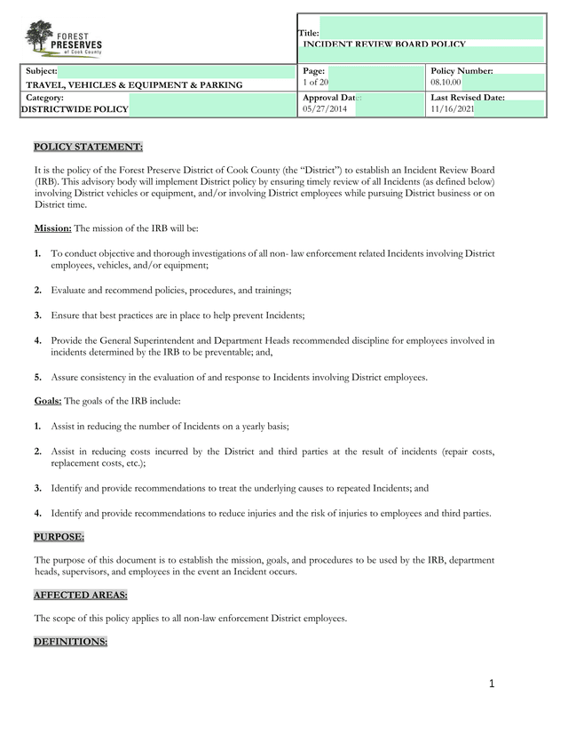 Incident Review Board Policy screenshot
