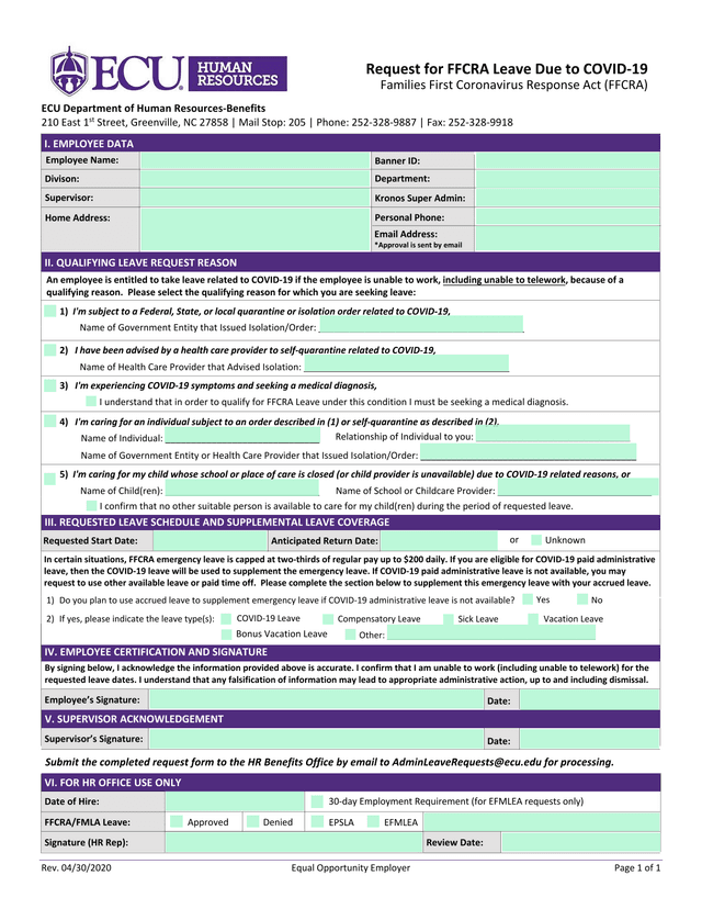 Request For FFCRA Leave Due To COVID 19 screenshot
