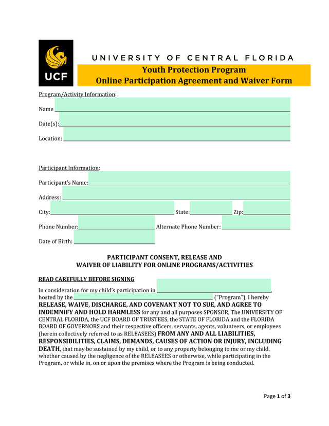 Youth Protection Program Online Participation Agreement And Waiver Form screenshot