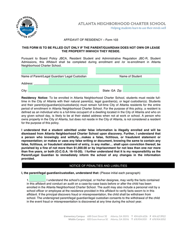 AFFIDAVIT OF RESIDENCY  Form 103 screenshot