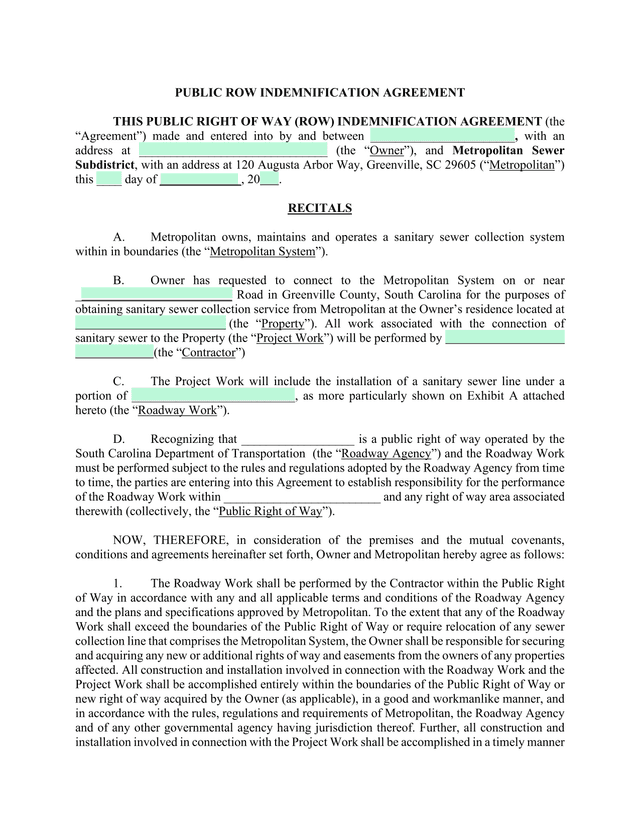 PUBLIC ROW INDEMNIFICATION AGREEMENT screenshot