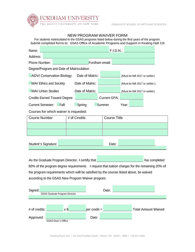 Graduate School Of Arts And Sciences New Program Waiver Form screenshot