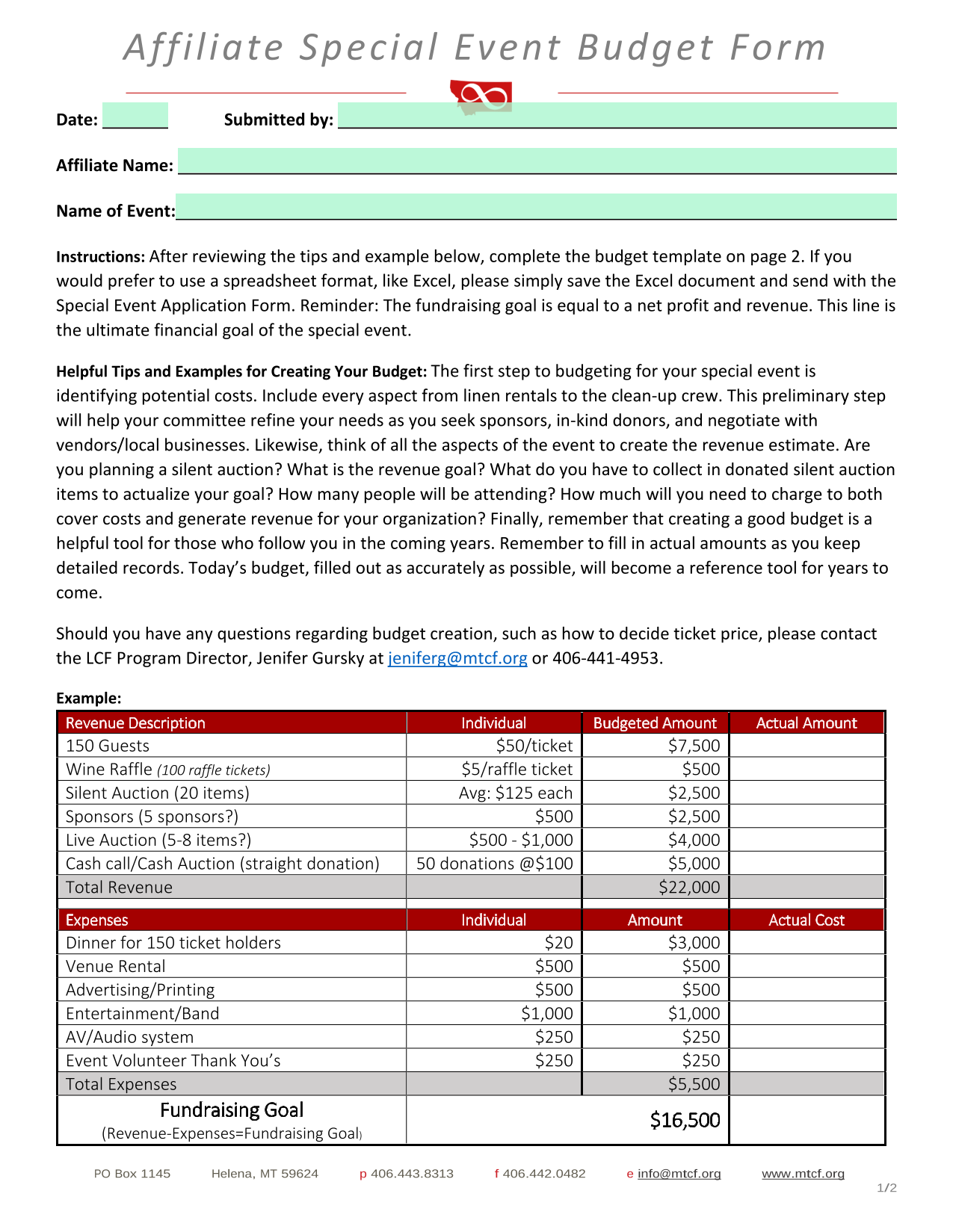 Affiliate Special Event Budget Form screenshot