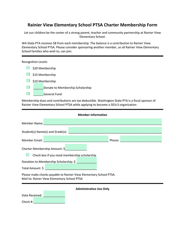 Rainier View Elementary School PTSA Charter Membership Form screenshot
