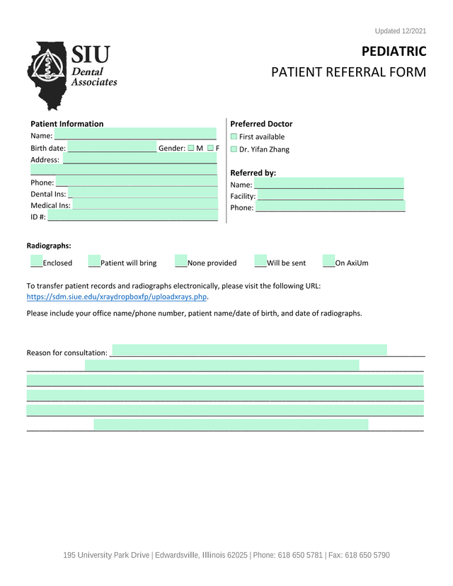 PEDIATRIC PATIENT REFERRAL FORM screenshot