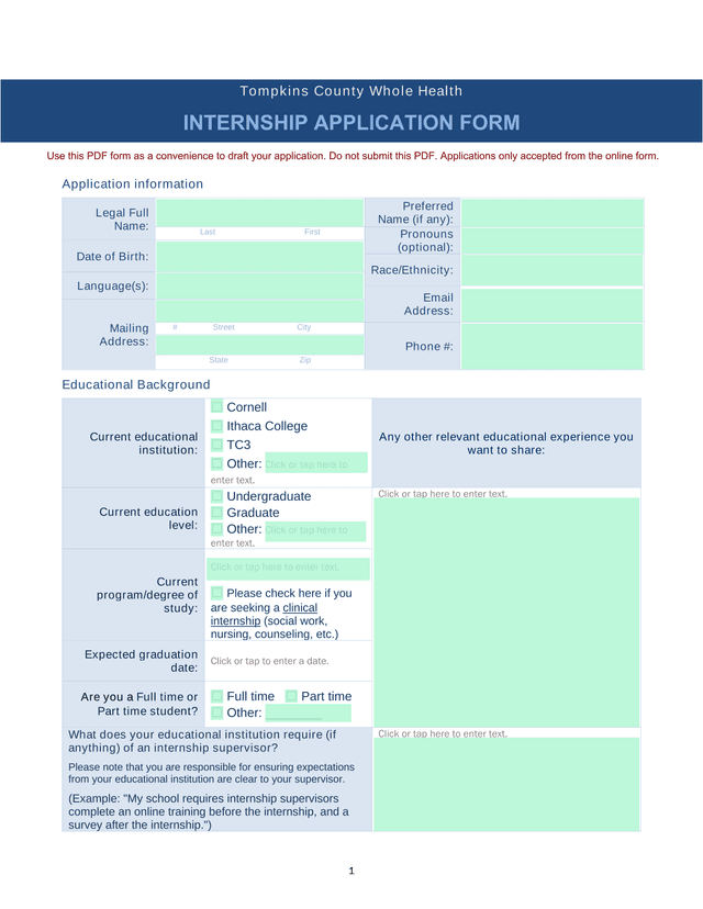 Tompkins County Whole Health Internship Application Form screenshot