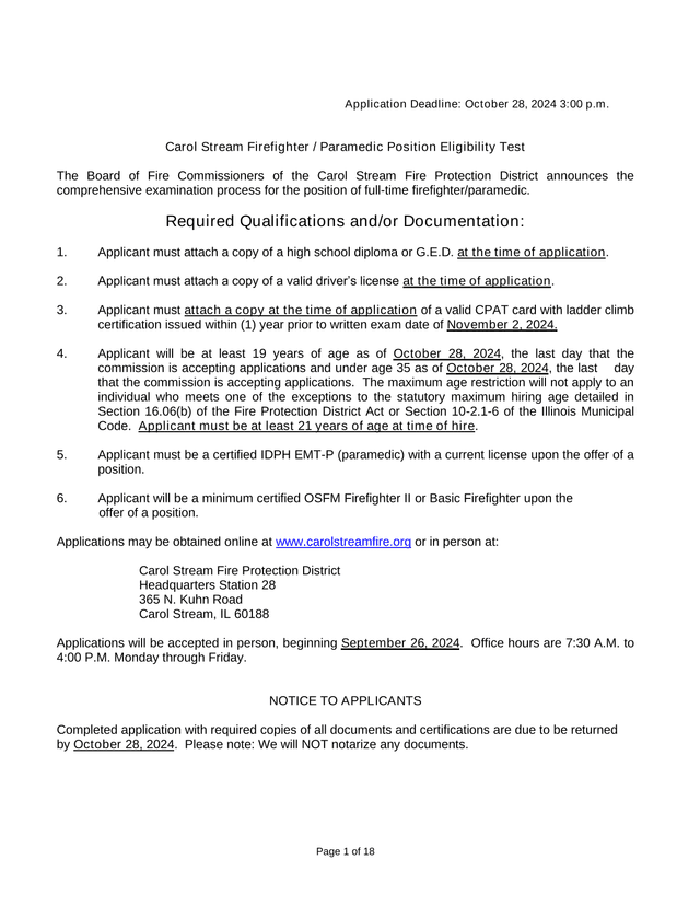 Carol Stream Firefighter  Paramedic Position Eligibility Test screenshot
