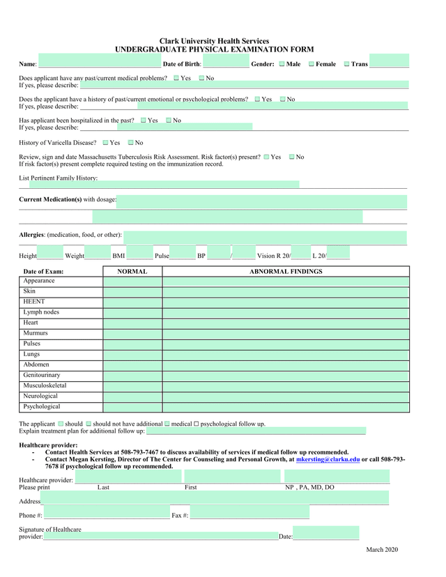 Undergraduate Physical Examination Form screenshot