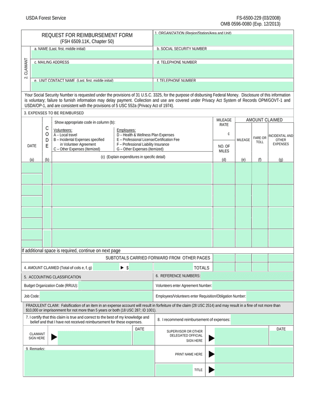 REQUEST FOR REIMBURSEMENT FORM screenshot