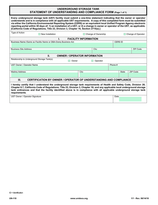 Underground Storage Tank Statement Of Understanding And Compliance Form screenshot