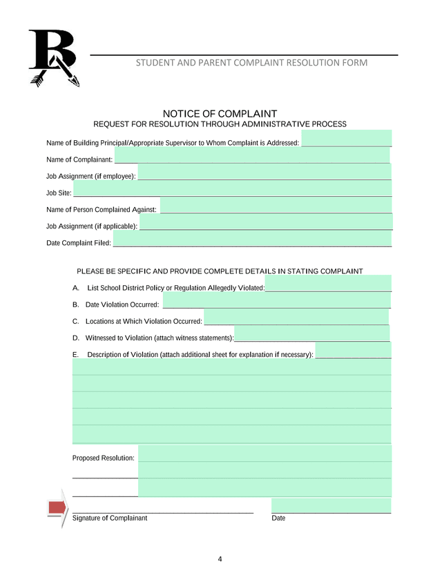 Student And Parent Complaint Resolution Form screenshot