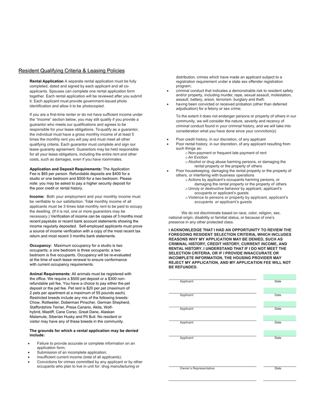 Resident Qualifying Criteria  Leasing Policies screenshot