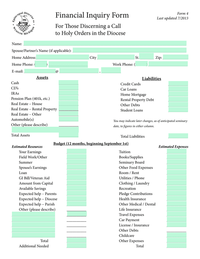 Financial Inquiry Form For Those Discerning A Call To Holy Orders In The Diocese screenshot