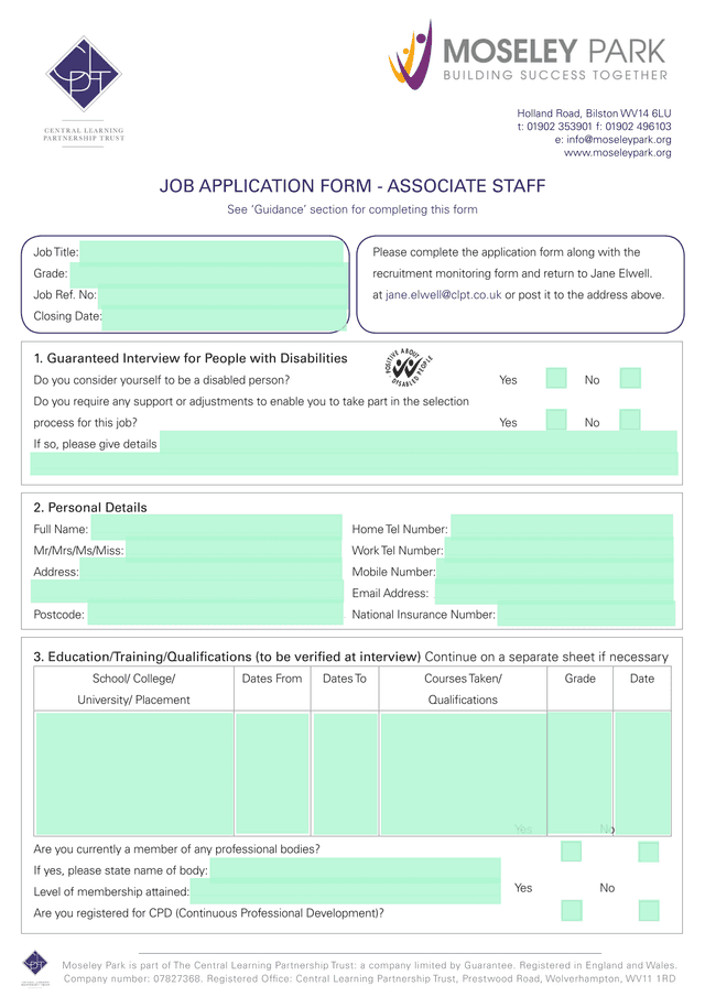 JOB APPLICATION FORM   ASSOCIATE STAFF screenshot