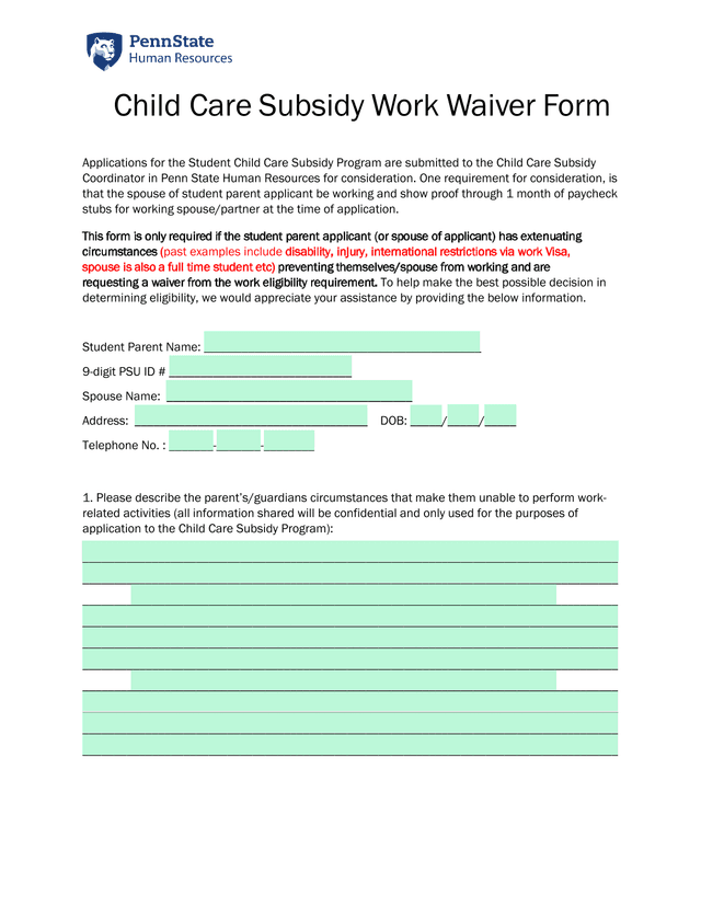 Child Care Subsidy Work Waiver Form screenshot