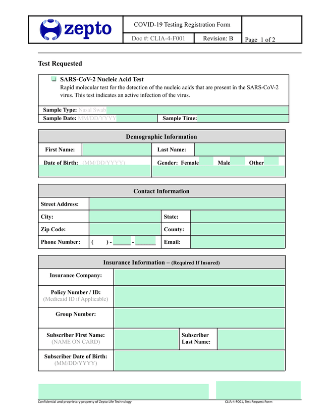 COVID 19 Testing Registration Form screenshot