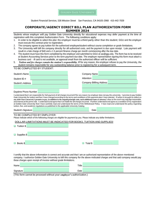 CORPORATEAGENCY DIRECT BILL PLAN AUTHORIZATION FORM screenshot