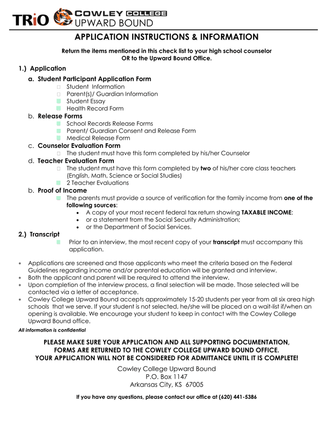 Upward Bound Application Instructions  Information screenshot