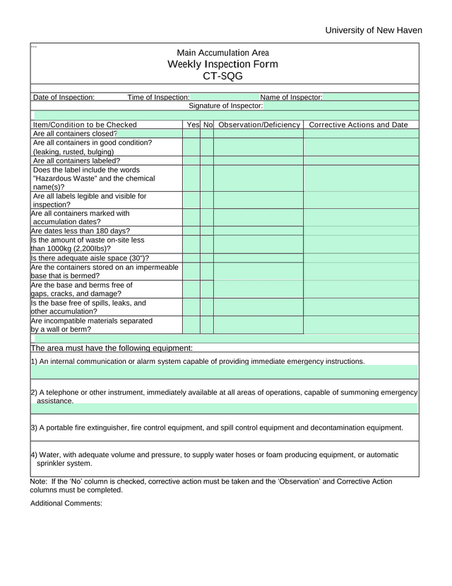 Main Accumulation Area Weekly Inspection Form screenshot