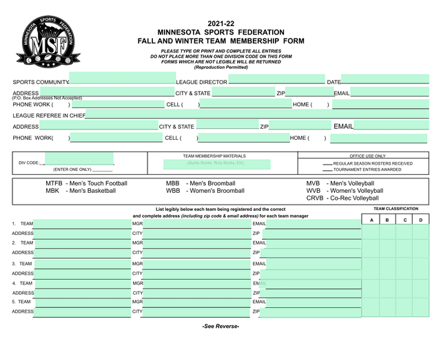 2021 22 Minnesota Sports Federation Fall And Winter Team Membership Form screenshot