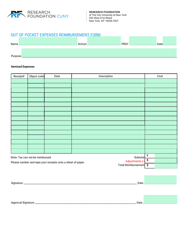 Out Of Pocket Expenses Reimbursement Form screenshot