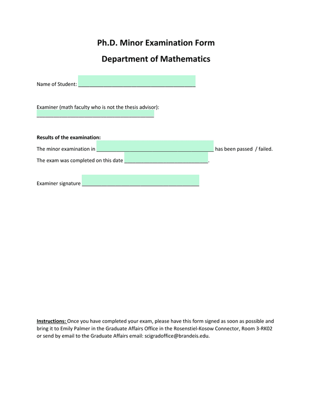 Ph.D. Minor Examination Form screenshot
