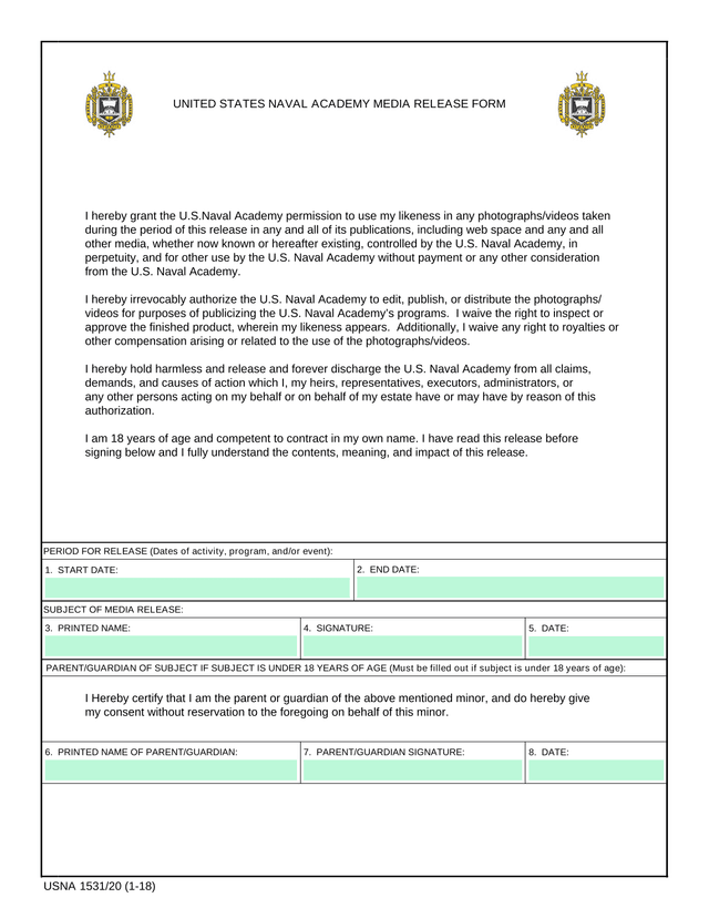 USNA 153120 (1 18) UNITED STATES NAVAL ACADEMY MEDIA RELEASE FORM screenshot