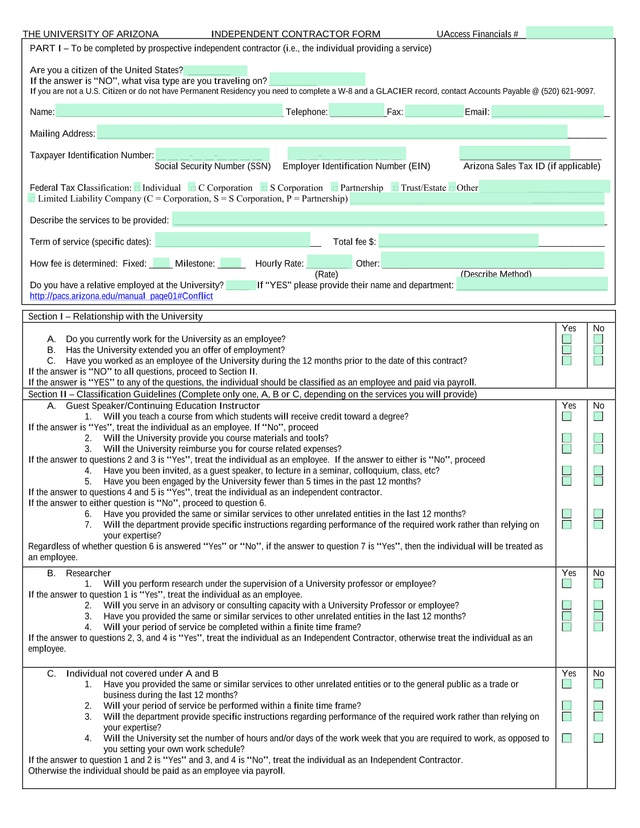 Independent Contractor Form screenshot