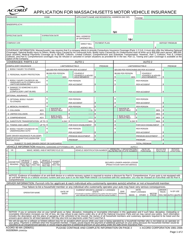 APPLICATION FOR MASSACHUSETTS MOTOR VEHICLE INSURANCE screenshot
