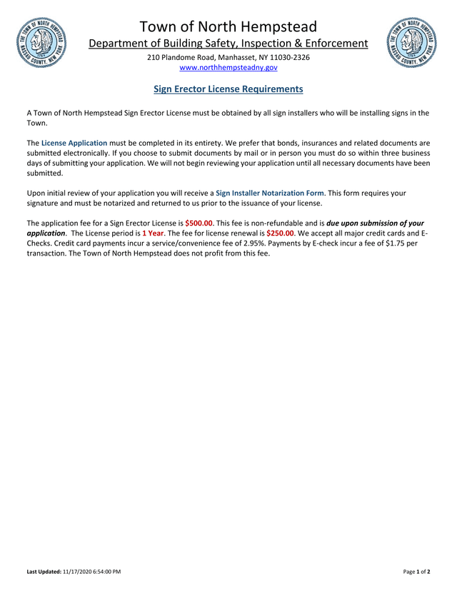 Sign Erector License Requirements screenshot