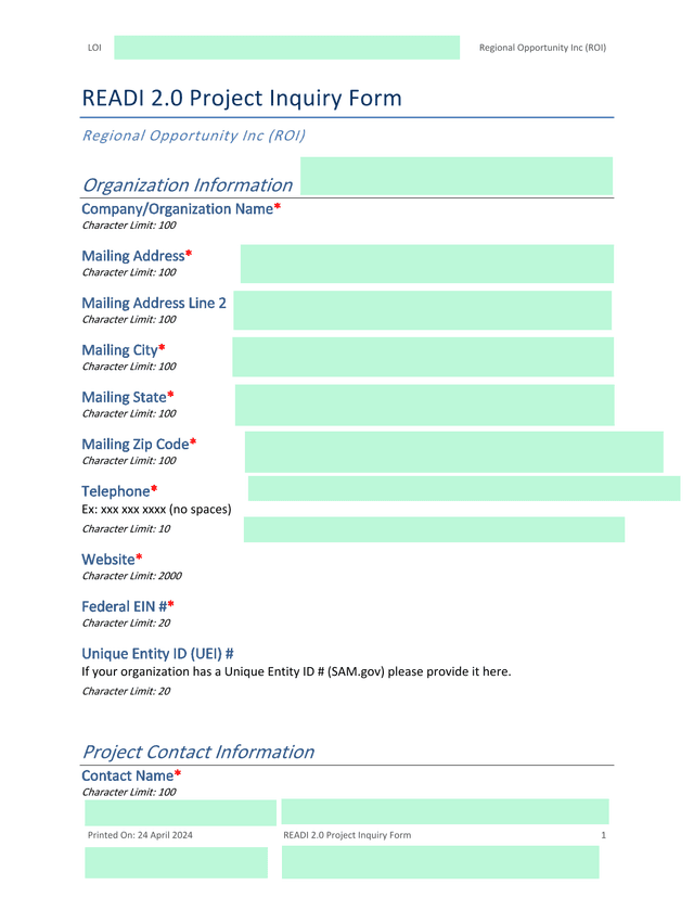 READI 2.0 Project Inquiry Form screenshot