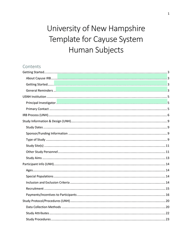 University Of New Hampshire Template For Cayuse System Human Subjects screenshot