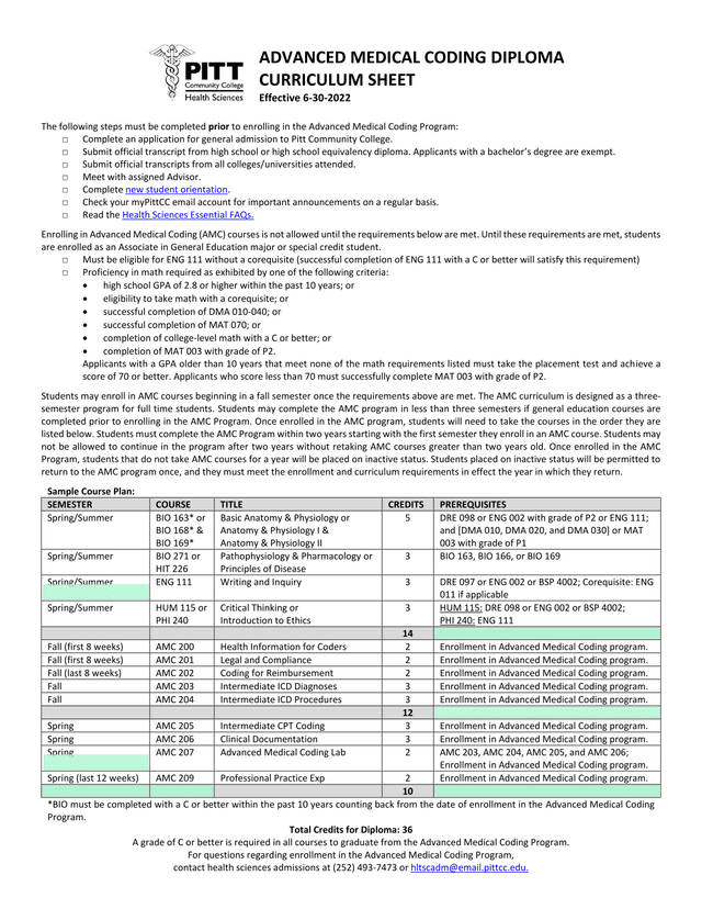 Advanced Medical Coding Diploma Curriculum Sheet screenshot